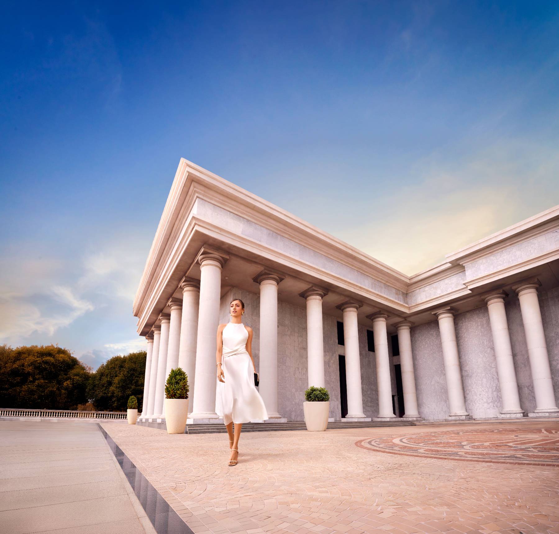 Neoclassical colonnade at the Maitri Park clubhouse arrival